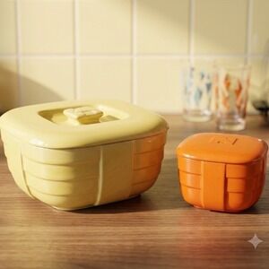 Vintage Hall China Hotpoint Refrigerator Dishes Yellow & Orange‎ Art Deco Set